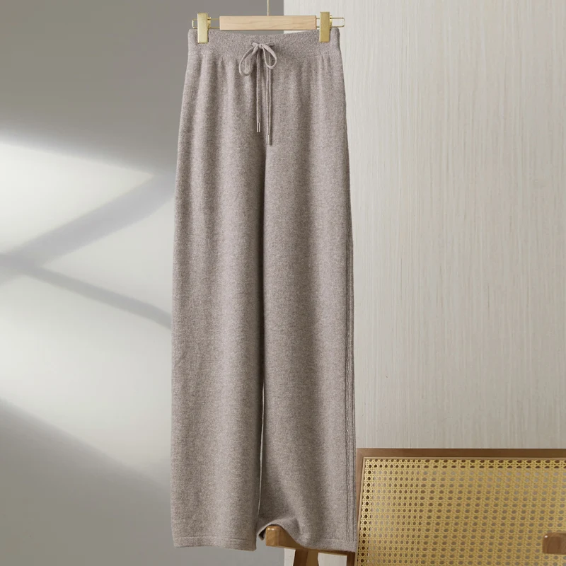 Spring  Autumn New Women's 100% Merino Wool Knitted Long Pants Slim Fit High Waist Wide Leg Pants Solid Color Casual Pants