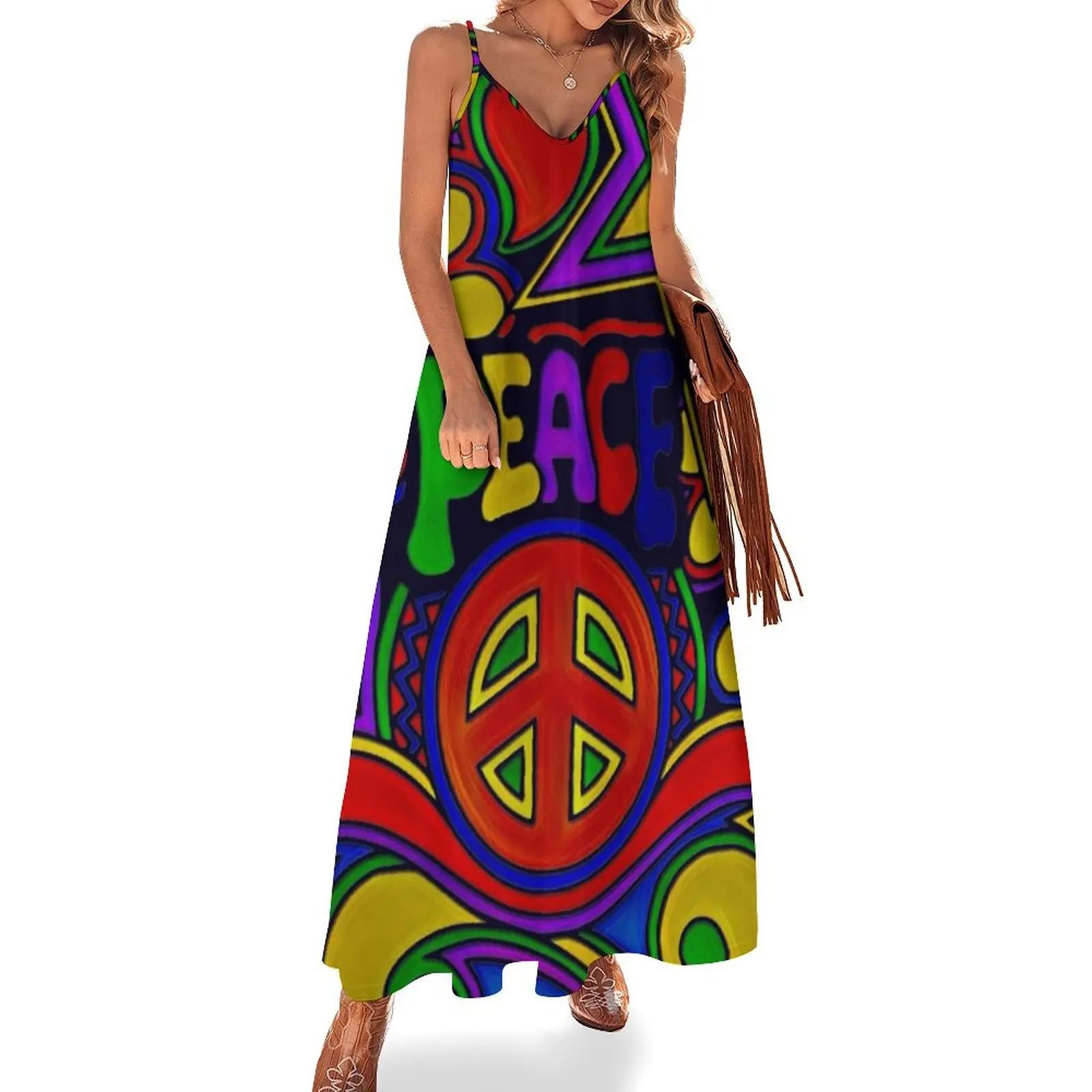 

Peace and Love Retro Hippy Design Sleeveless Long Dress evening dresses women clothes Dress