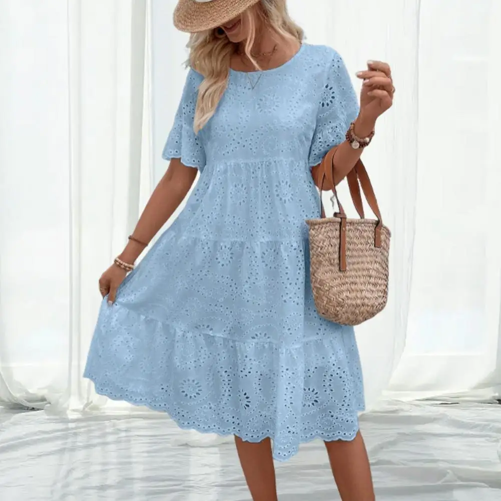 Women Dress Elegant Embroidered Midi Dress For Summer Vacations Hollow Out O Neck A-line Pleated Patchwork Short Horn Sleeves