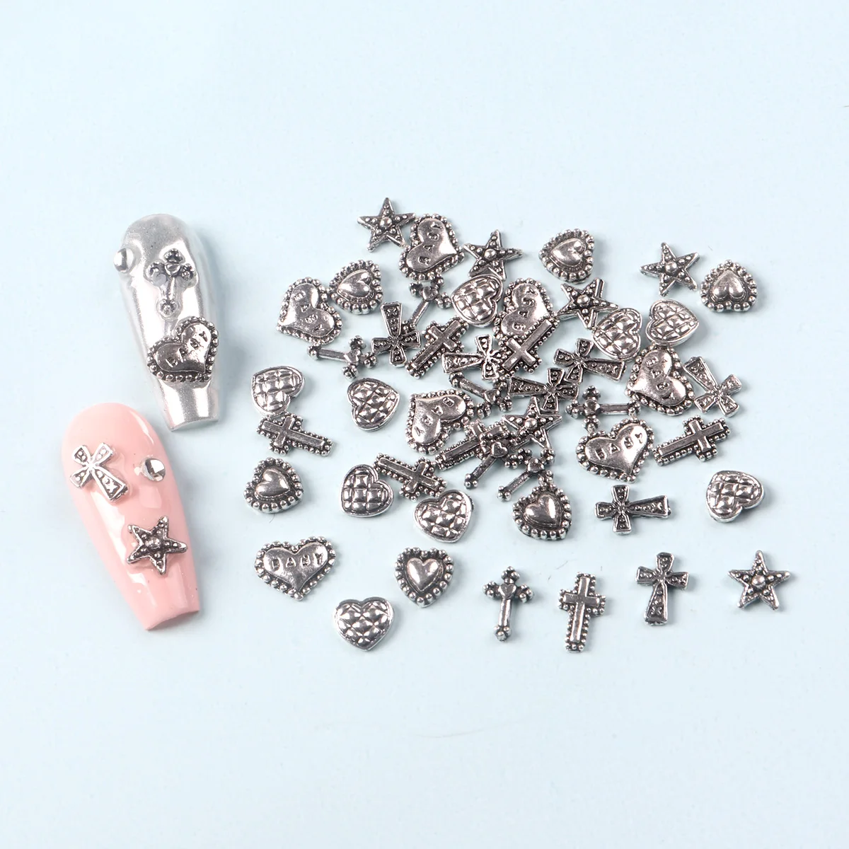 50PCS Mixed 3D Punk Silver Heart Cross Metal Manicure Nail Decoration Retro Different Design Cross Nails Art Charms