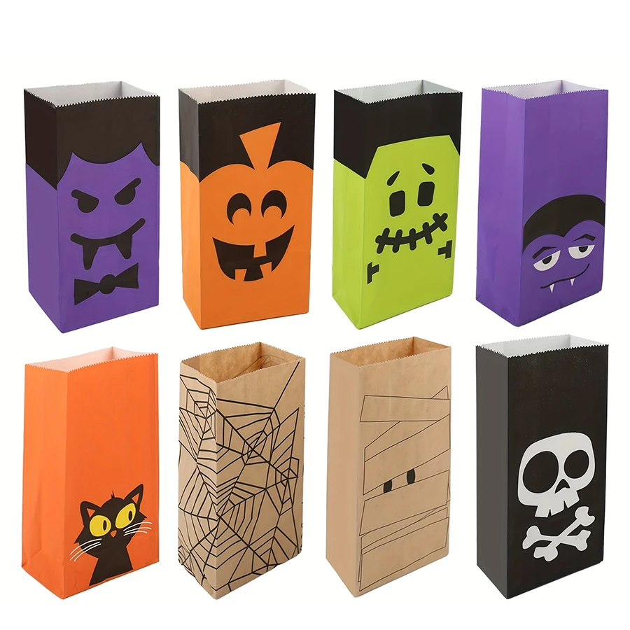 8-48pcs Halloween Theme Candy Gift Bag with Cartoon Storage Stickers Party Small Gift Storage Bag Party Kraft Goodie Bag