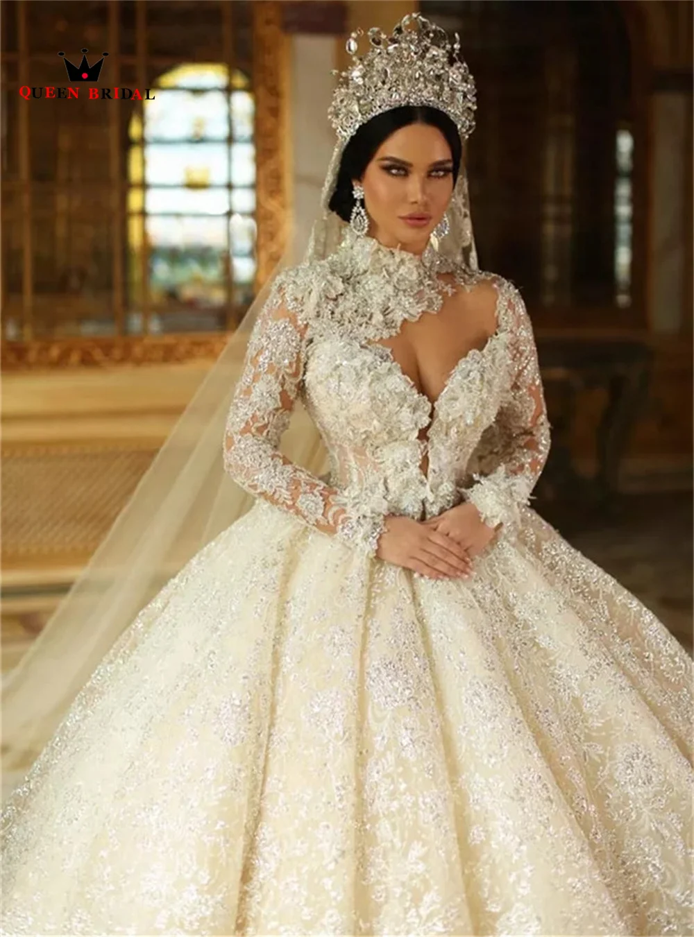 Custom Made Luxury Weddding Dresses 2023 New Ball Gown Long Sleeve Tulle Lace Crystal Flowers Formal Bridal Gowns SD21