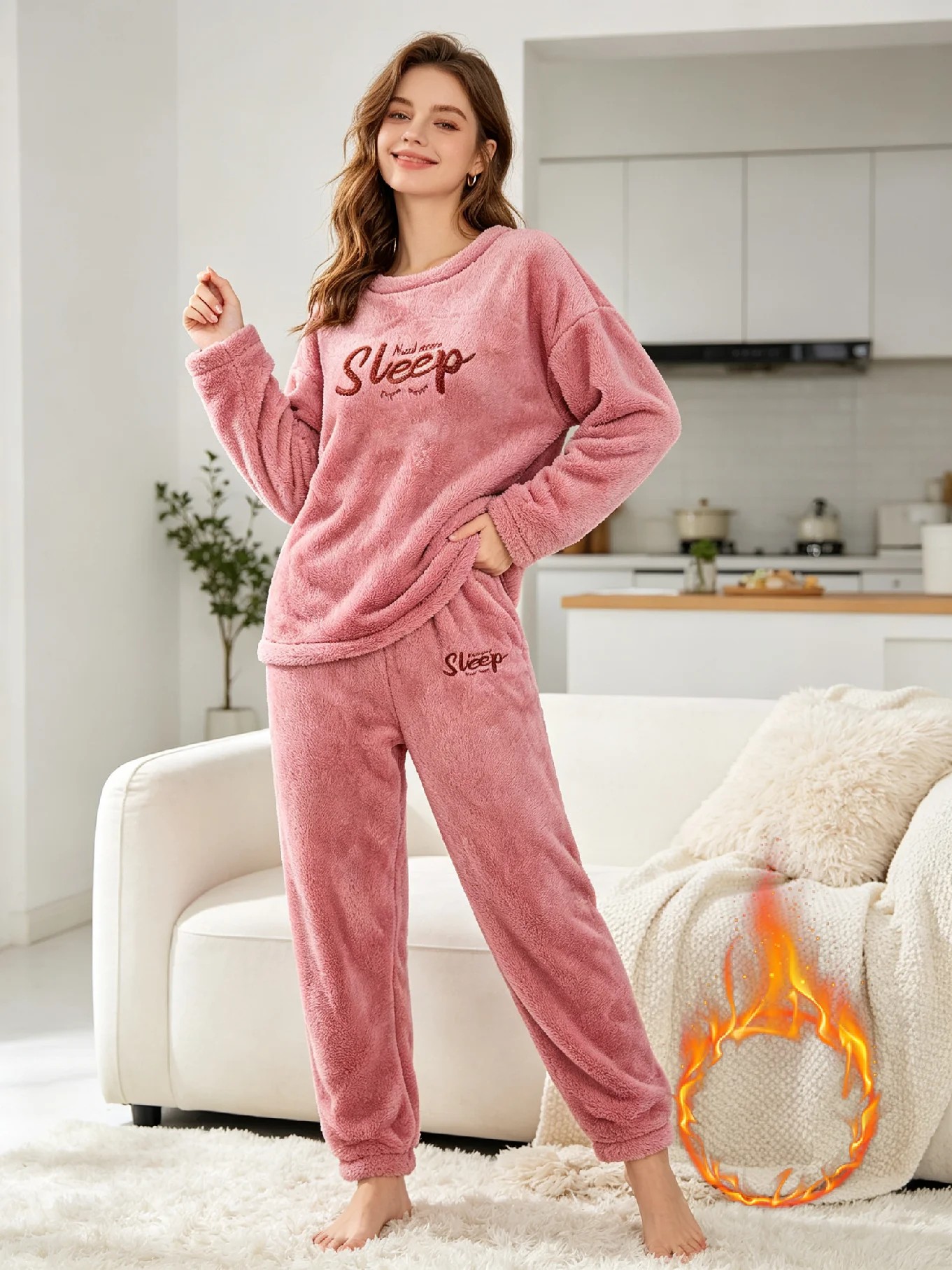 Women's velvet pajama set, featuring a long-sleeve top and matching pants, comfortable winter sleepwear