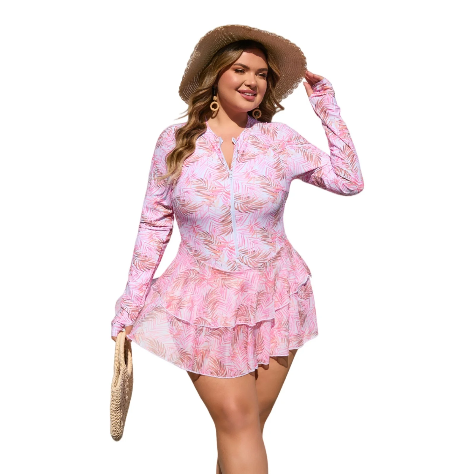 Plus Size Long Sleeve Rash Guard Swimdress - Modest Tummy Control Ruffle Skirted Swimsuit UV Sun Protection Sports Bathing Suit