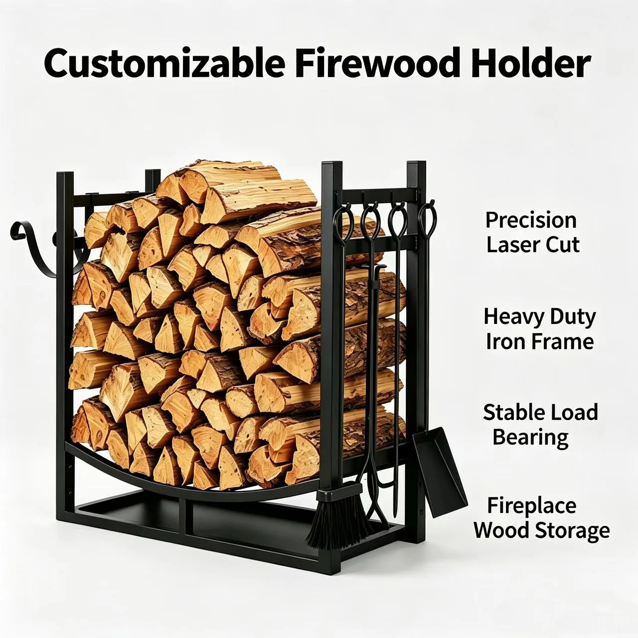 standing Unique Firewood Rack with Side Hooks Heavy Duty Metal Log Storage for Outdoor Courtyard Fire Pit