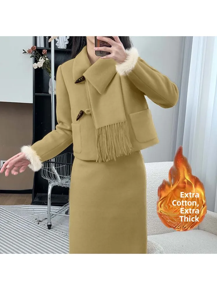 

Winter New Thickened Cotton Quilted Small Fragrance Style Jacket Skirt Set Two Pieces Set Casual Style Polyester Fiber