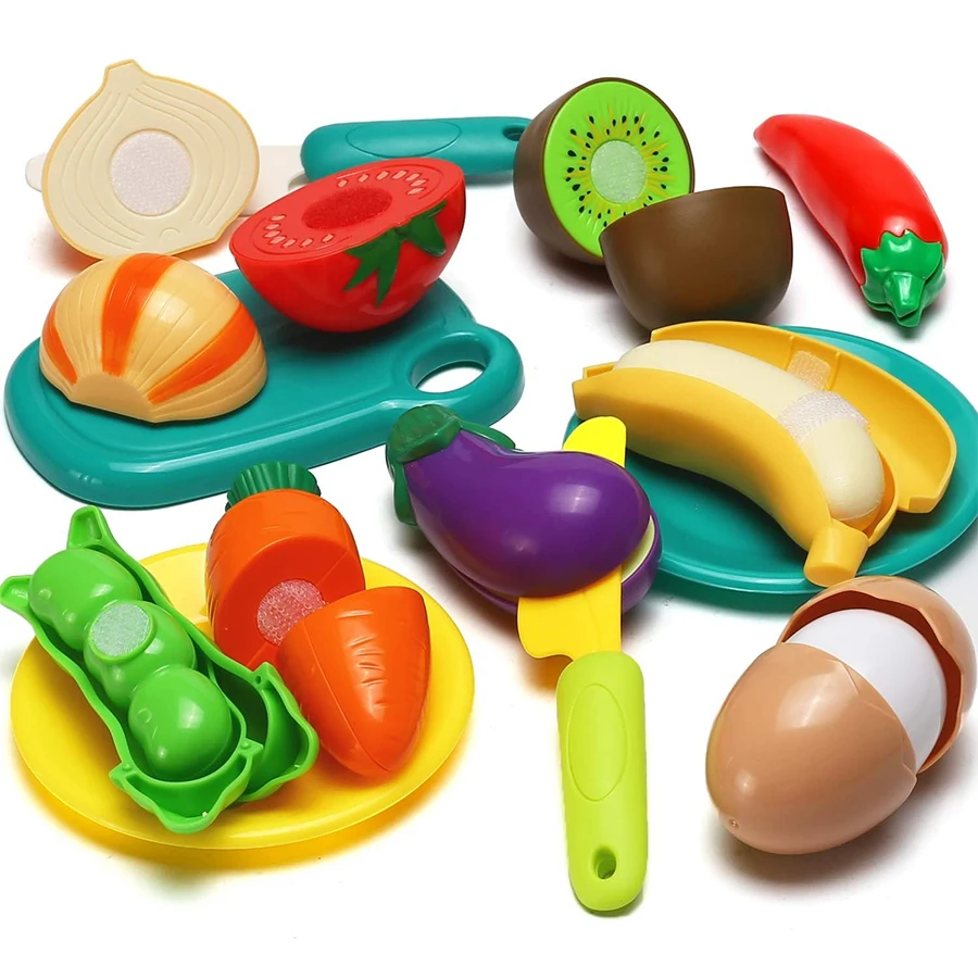 Snijden Speelvoedselspeelgoed voor kinderkeuken, alsof fruit- en groenteaccessoires met winkelopbergmand, plastic minigerechten