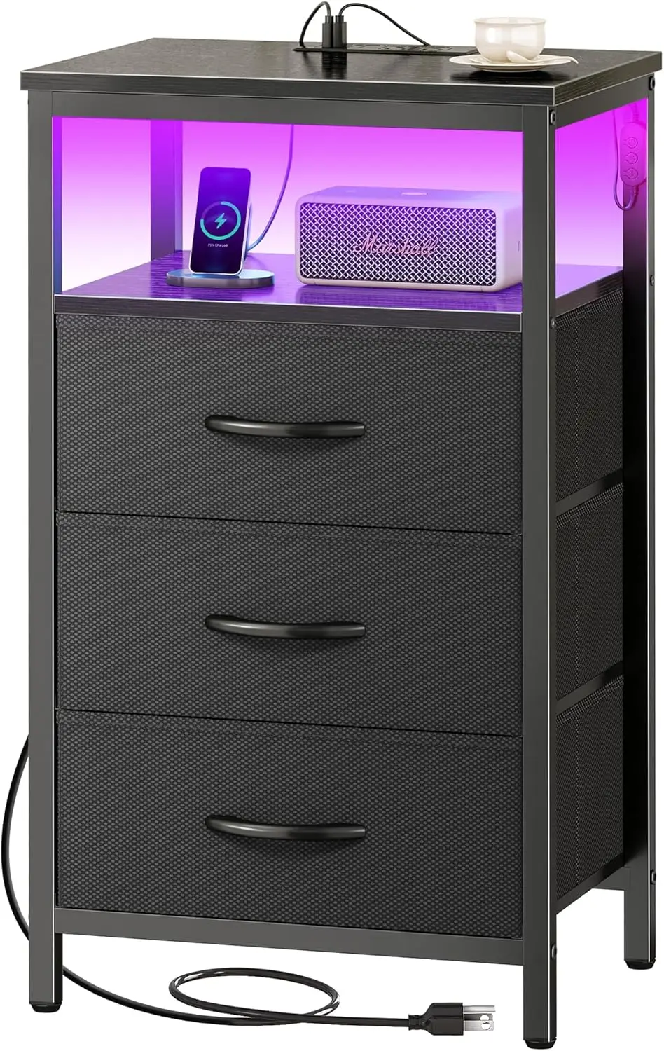 

Nightstand with Charger, LED Lights, 3 Drawers, Open Shelf - Black Fabric Dresser for Bedroom