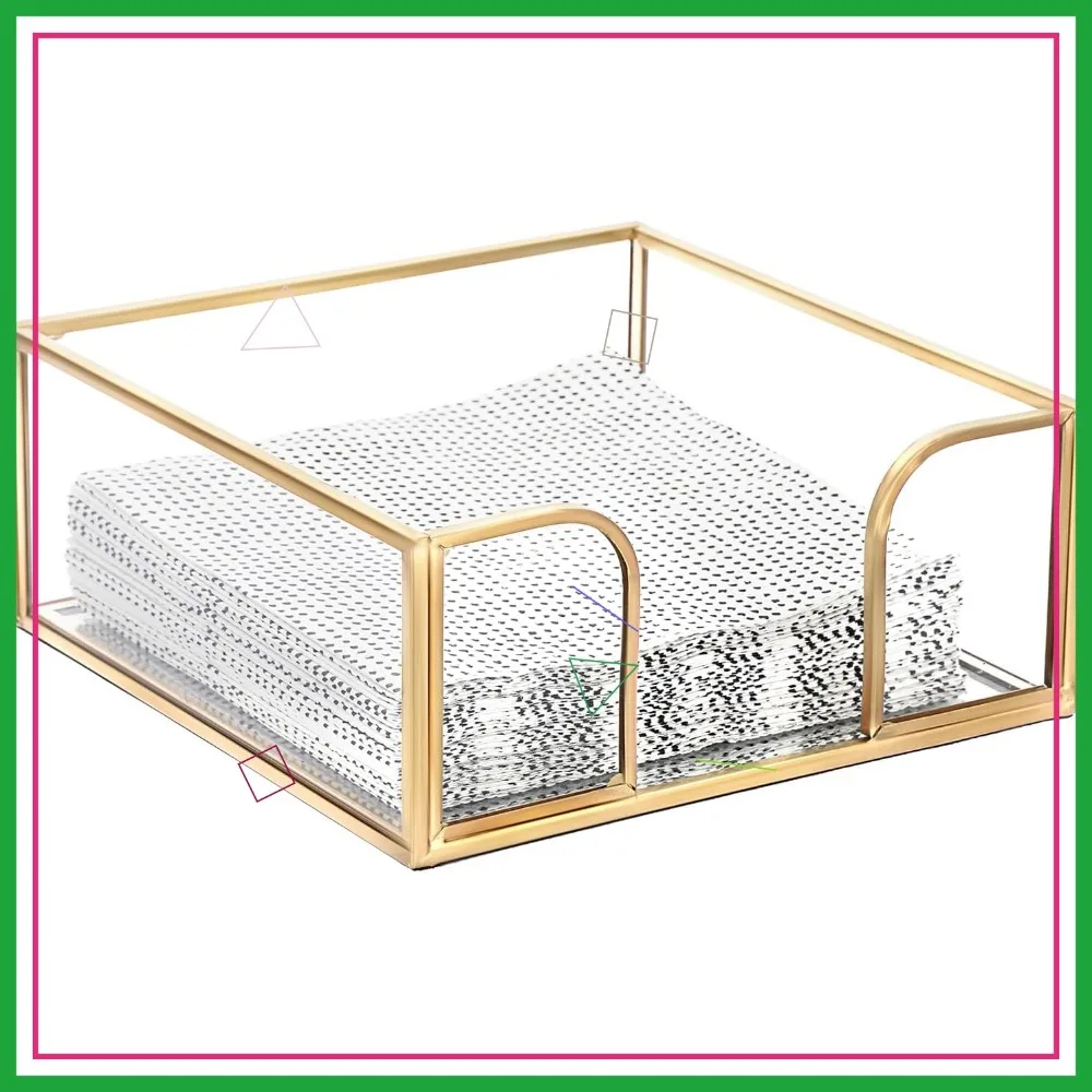 Porta Servilletas Cuadrado de Vidrio Dorado, Dispensador de Servilletas Tamaño Cóctel para Mesa de Comedor, Cesta Decorativa para Bodas y Fiestas
