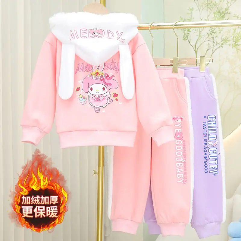 Sanrio My Melody Cinnamoroll Kawaii Girls Padded Thickened Hooded Jacket Suit Foreign Fashion Wear Two-piece Children's Clothing