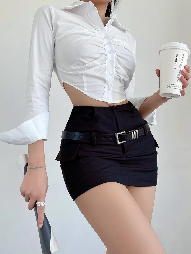 Black Mini Skirt Women Summer High Waist Slim Wrap Hip Belt A Line Skirt Shorts Elegant Korean Fashion Simple Casual Y2K