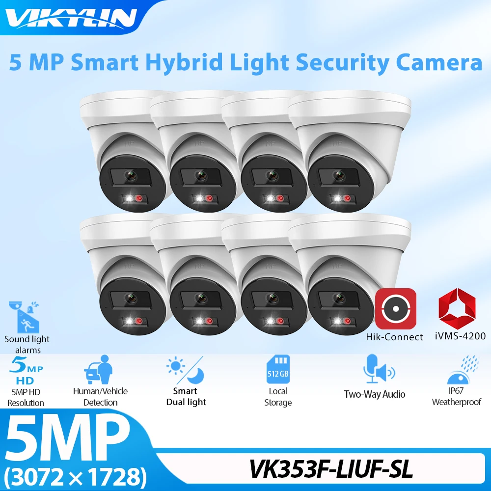 VIKYLIN 5MP Security Camera For Hikvision OEM DS-2CD13X3G2-LIUF/SL Sound & Light Alarm Motion Detection Home CCTV POE IP Camera