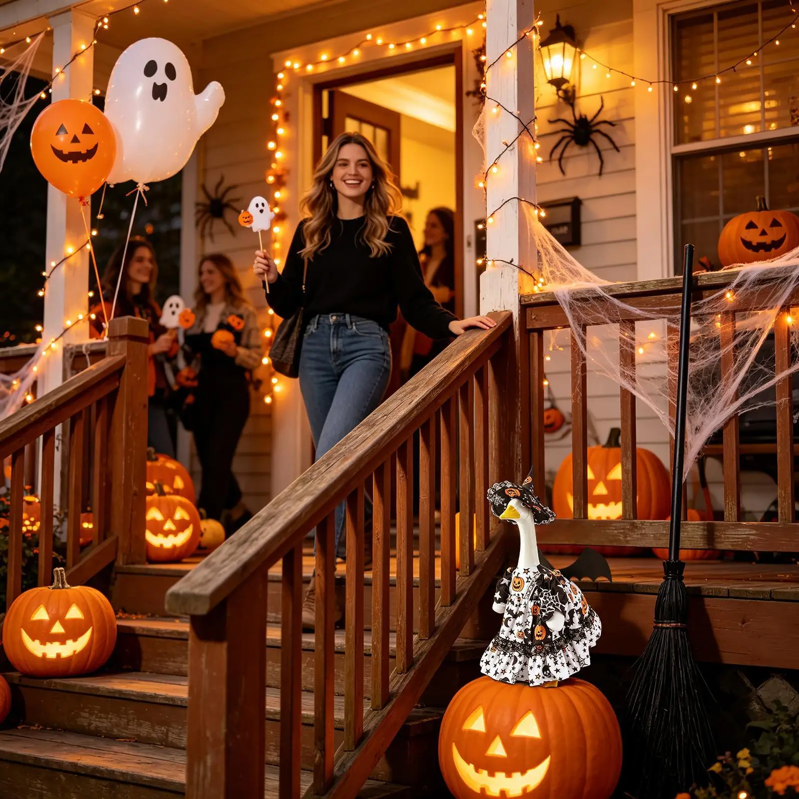 Halloween Porch Goose Outfits Witch Hat Pumpkin Dress Thanksgiving Decoration Halloween 23 Inch Goose Outfits For Pool Parties