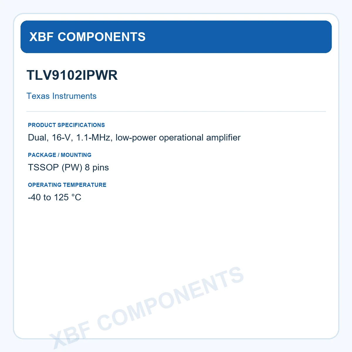 TLV9102IPWR Texas Instruments Operational Amplifier Op Amp 16-V 1.1-MHz TSSOP (PW) 8 pins