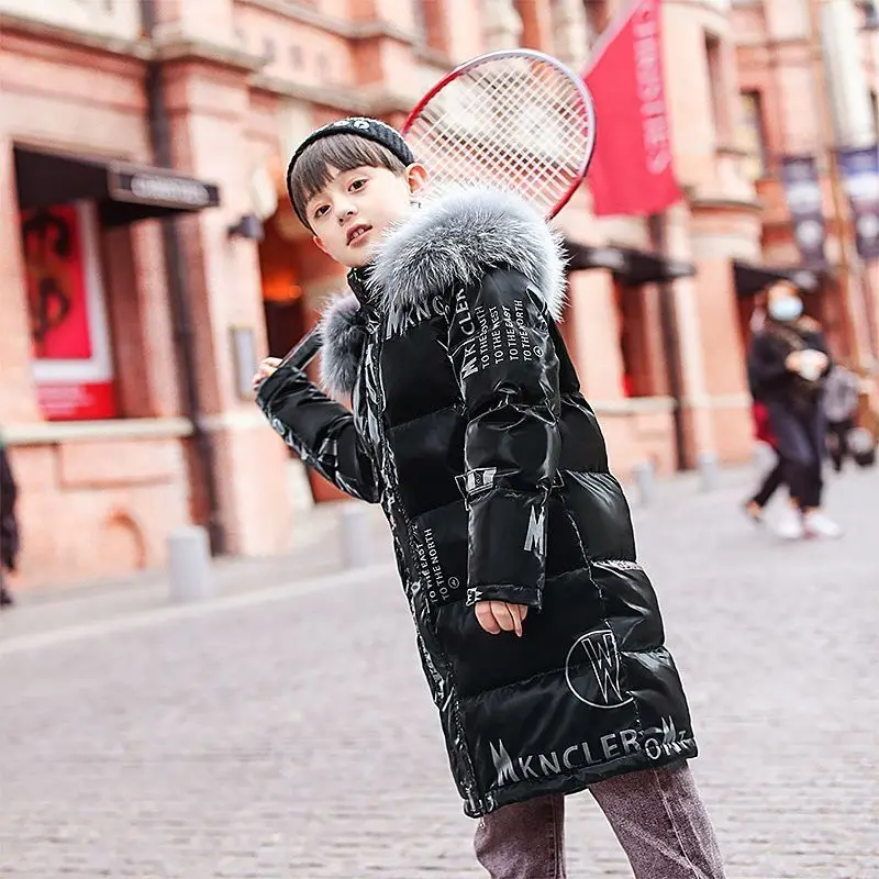 

-30℃ Winter Teen Boys Jacket Long style Coat Letter Print Plus Thick Warm Hooded Windproof Coat 2026 Fur Collar Cotton Snowsuit