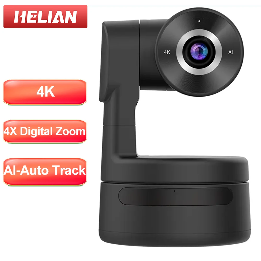 4K PTZ Webcam 4X Digital Zoom Auto Track Focus Camera AI Function with Mics for Online Meet Living Stream Youtube Video Camera