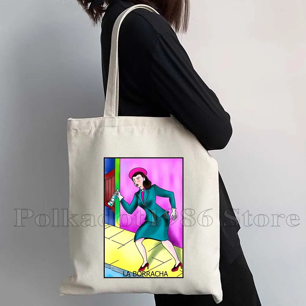 مضحك La Diablita El Gallo ROSA El Catrin المكسيكي لوتريا البنغو بطاقة الفن طباعة قماش حمل حقيبة لطيف الهدايا المتسوق حقيبة يد قطنية #4