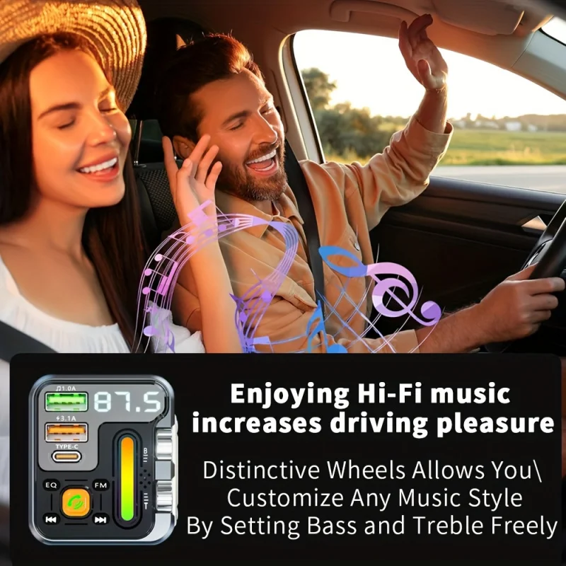 

Автомобильный адаптер беспроводного FM-передатчика с быстрой зарядкой типа C и портом, высококачественные высокие частоты и басы, цветной экран и