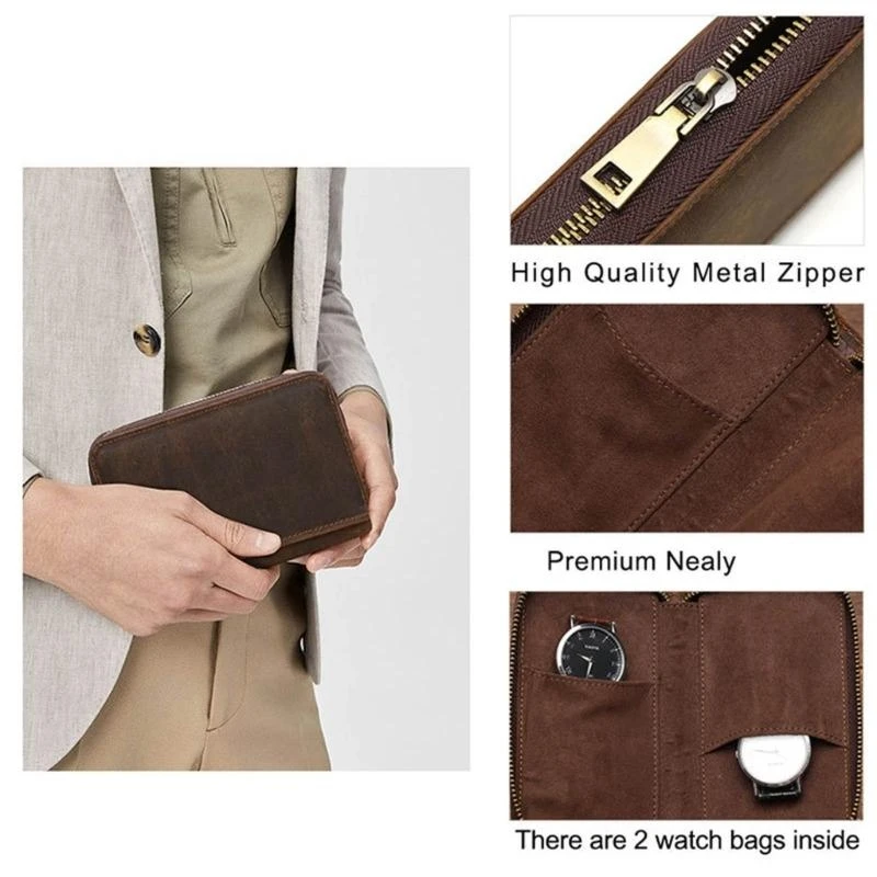 T4MD Horsehide Two Slot Watch Box Portable Watches Travel Case for Men Women Jewelry Accessory Display Case Gift for Husband