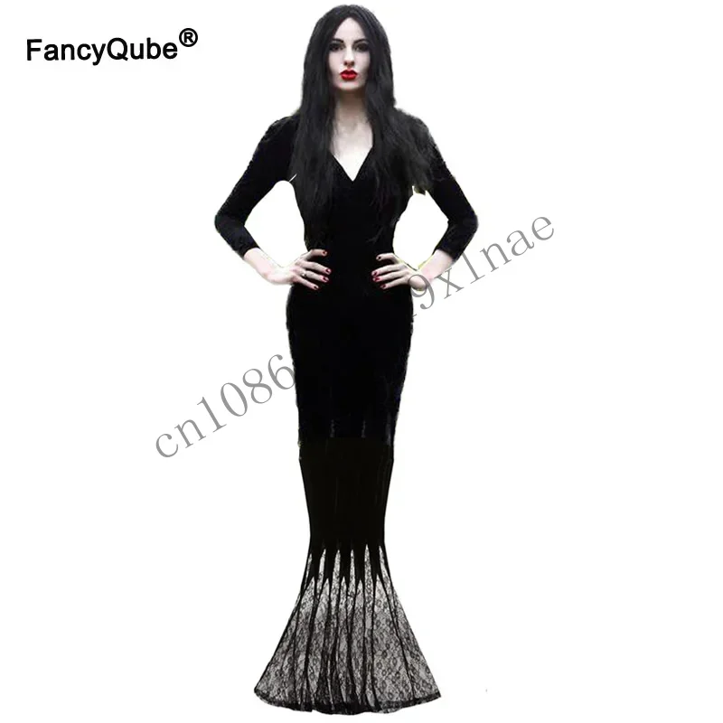 M-3XL Morticia Addams เครื่องแต่งกายคอสเพลย์ฮาโลวีนเซ็กซี่ Gothic แม่มดชั่วร้ายสยองขวัญ Maxi ลูกไม้ชุดนางเงือกชุดผู้หญิง C