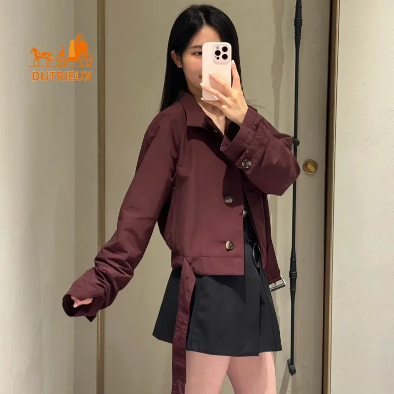 Women's Autumn and Winter Waist Tie Half Turtleneck Jacket,100% Polyester Short Version Versatile Modern and Fashionable Buttons