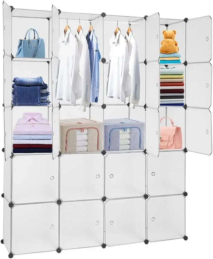 

Cube Organizer, 20-Cube Plastic Closet Cabinet, DIY Plastic Modular Book Unit, Cube Shelves with Doors and 2 Hanging Rods - Tr