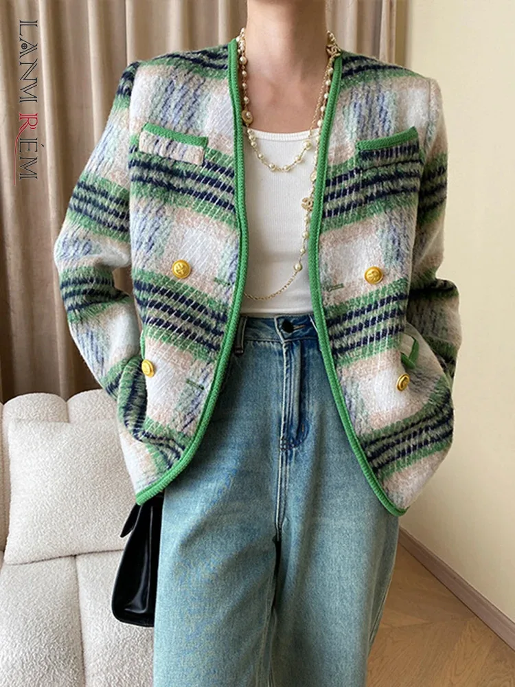 

[LANMREM] Vintage Plaid Design Blazers For Women V Neck Single Breasted Office Lady Loose Jacket 2024 Autumn New 26D9924