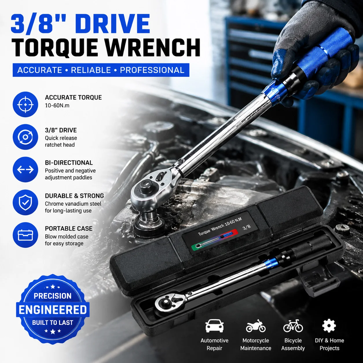 Llave Dinamométrica de 10-60 Nm, Accionamiento de 3/8 Pulgadas, Alta Precisión ±3 Por Ciento, Herramienta Profesional para Reparación de Bicicletas y Automóviles, Juego de Llaves Dinamométricas Ajustables