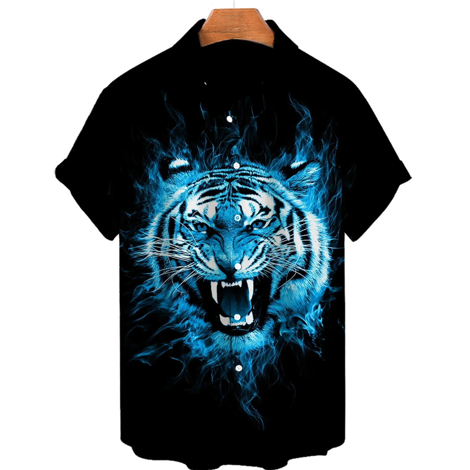 Top masculino de manga curta com gola flip, camisa 3D animal tigre, roupa de praia havaiana, elegante e legal, grande, novo, verão