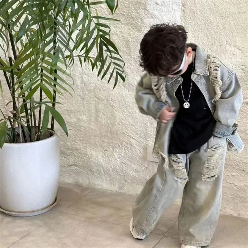 

Boys Coat +Pants Kids Suits 2PCS/Set Cotton 2025 Hole Jean Spring Autumn Cotton Tracksuits Sport Christmas Gift Children Clothin