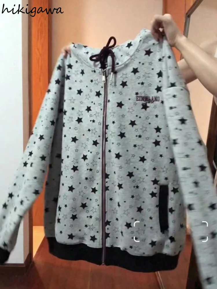 

Zip Up Hoodie Coats for Women Vintage Star Print Hooded Sweatshirts Y2k Tops 2025 Ropa Mujer Casual Fashion Korean Hoodies Coat