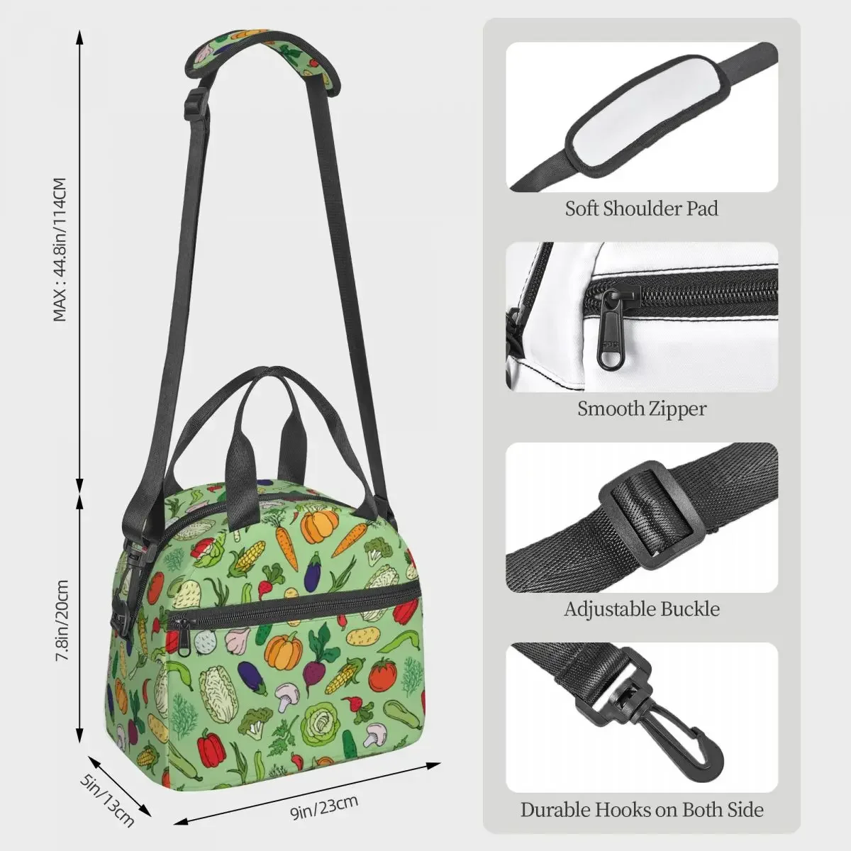 Cartoon Doodle Vegetables Insulated Lunch Bag With Adjustable Shoulder Strap Food Container Capacity Thermal Cooler Lunch Boxes