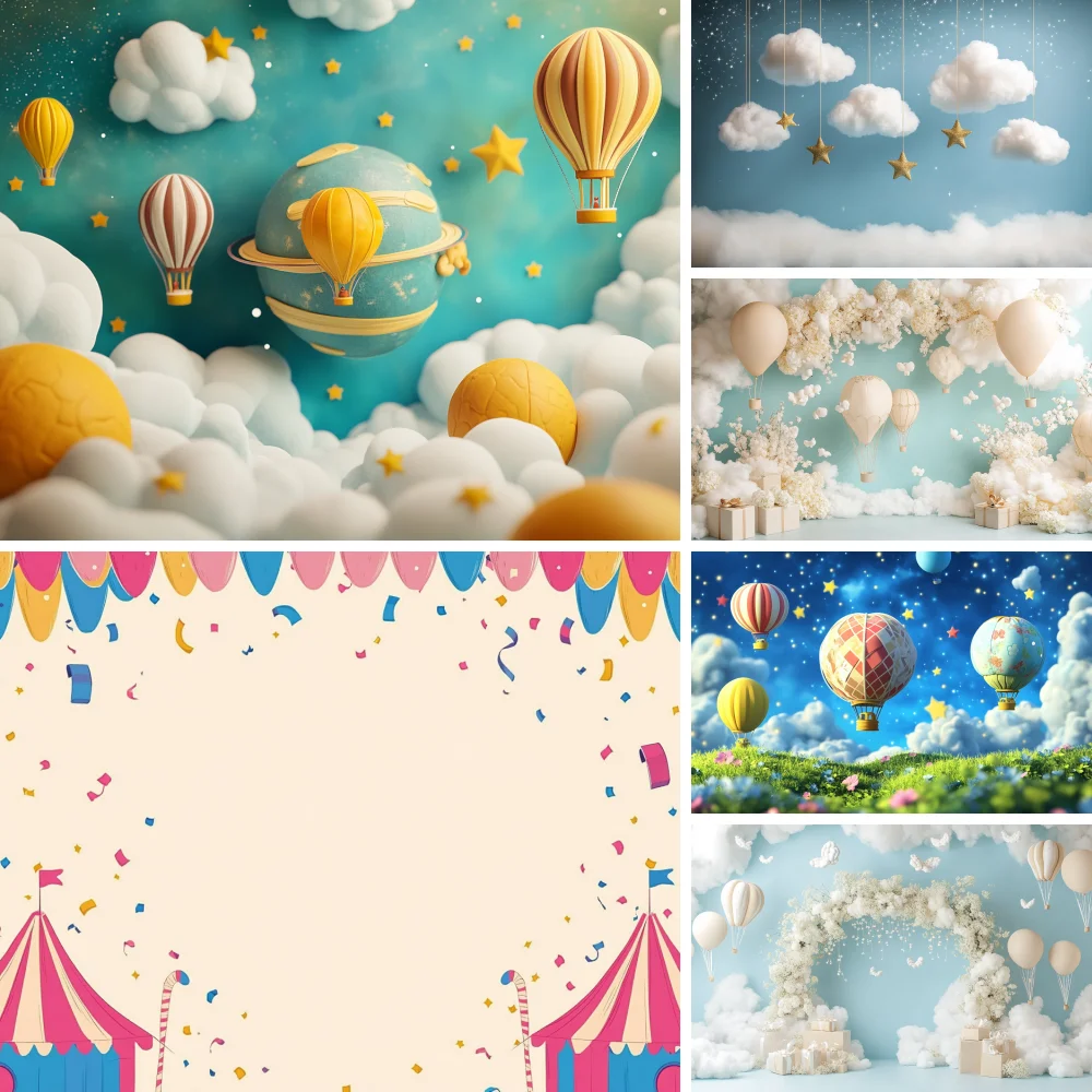 

Hot Air Balloon Children Birthday Photography Backdrop Cosmos Rocket Cactus Photocall Background Child Studio Props