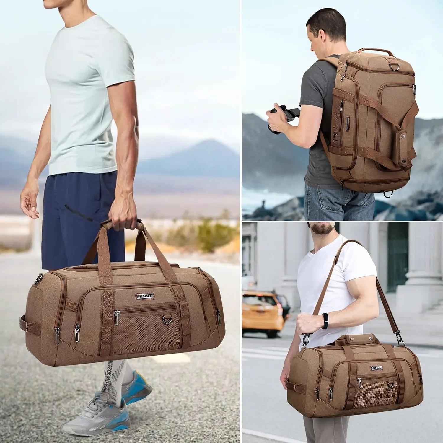 Canvas Duffle Bag for Men 3 in 1 Convertible Backpack 45L Travel | With Shoe Compartment and Dry-wet Pocket, Large Capacity, Carry On, For Gym, Sports, Weekender, Overnight, A8006/3 Brown view 2
