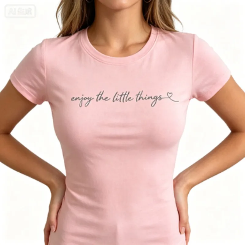 Casual Women Slim Fit Crew Neck Cotton Tee, Enjoy The Little Things Trendy Handwritten Slogan T-Shirt