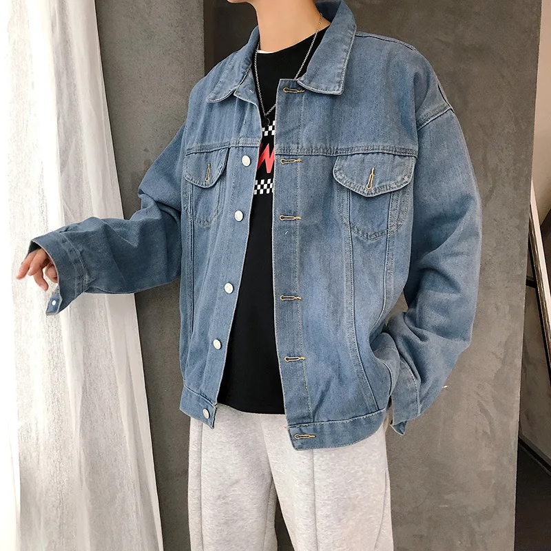 

TRSYPHXM Autumn men's trendy brand denim jacket men's loose Korean version long sleeved solid color jacket hip-hop youth student