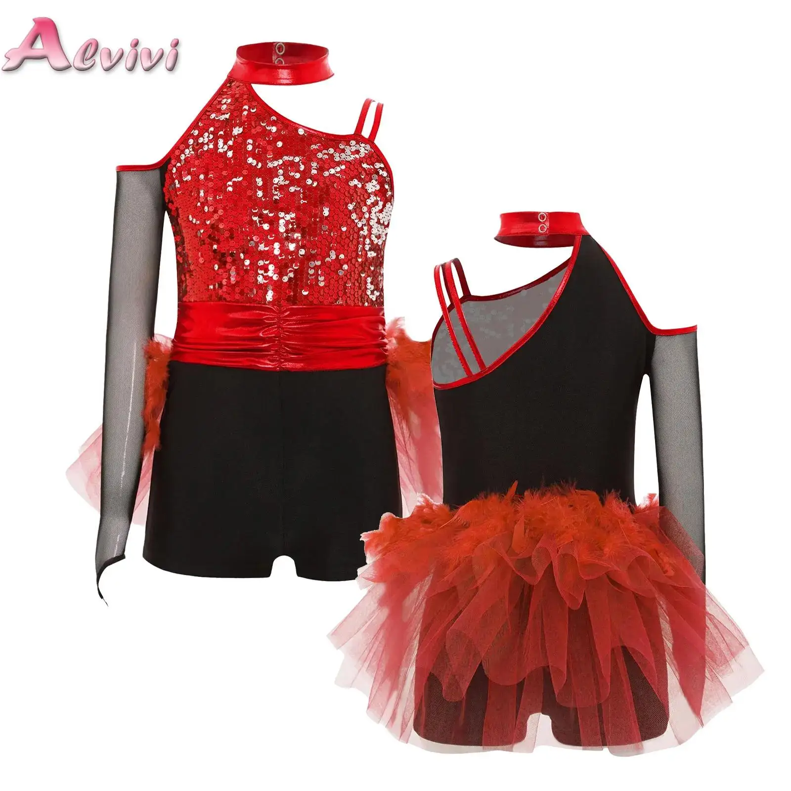 

Kids Girls Jazz Dance Leotards Rhythmic Gymnastics Jersey Mesh Skirted Sequins Tulle Unitards Figure Skating Performance Costume