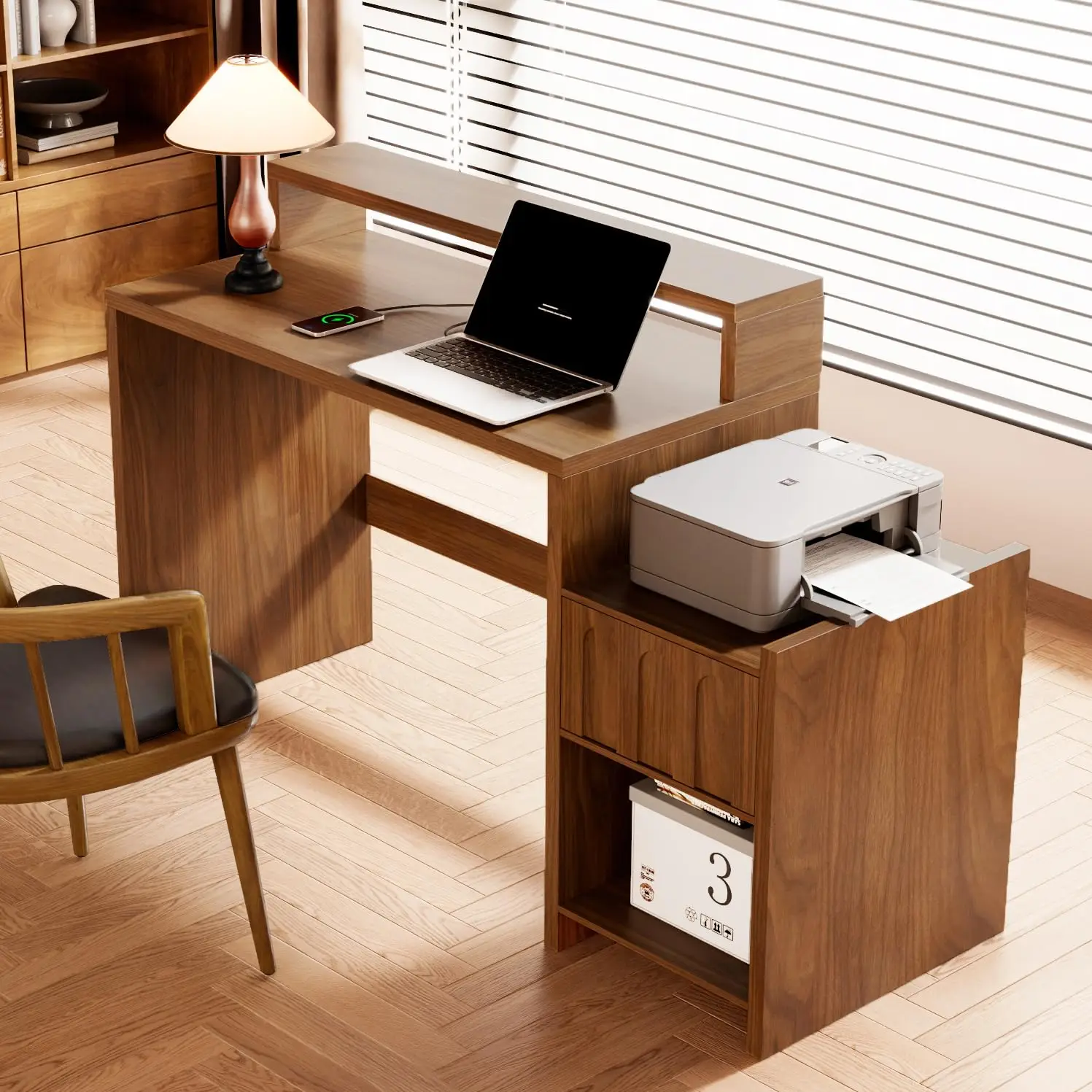 60 Inch Executive Desk with Drawer & Printer Shelf, Mid Century Modern Walnut Computer Table with Monitor Shelf & Charging Stati