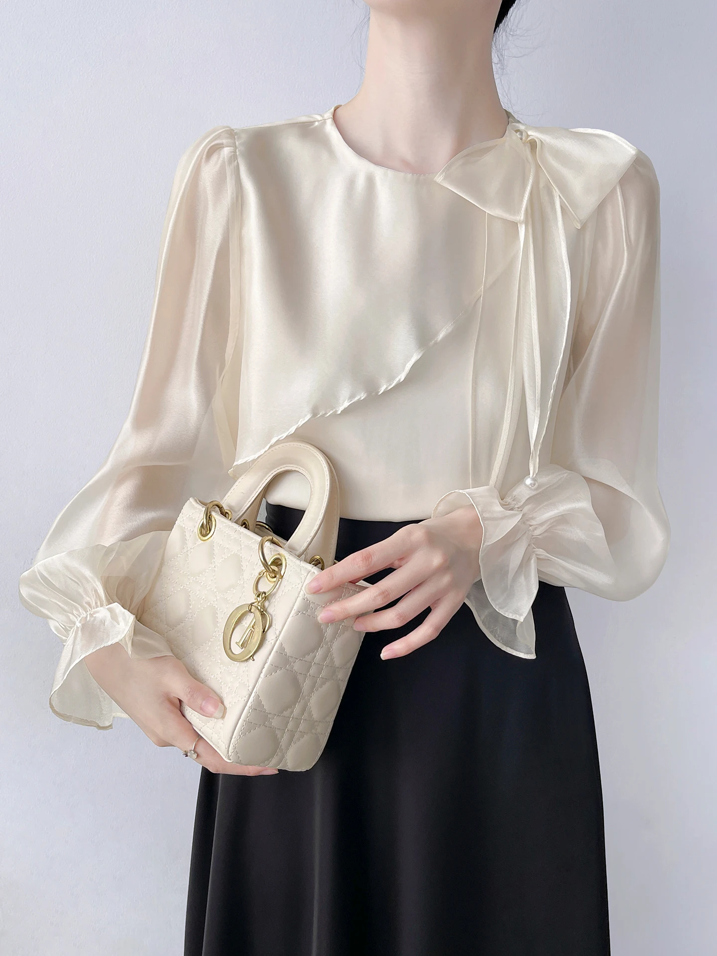 

Elegant Long Sleeve Women's Shirt Hanpooraya Gently Sweet Lace Splicing Satin Knot Draped Bead Straight Cut Spring ...