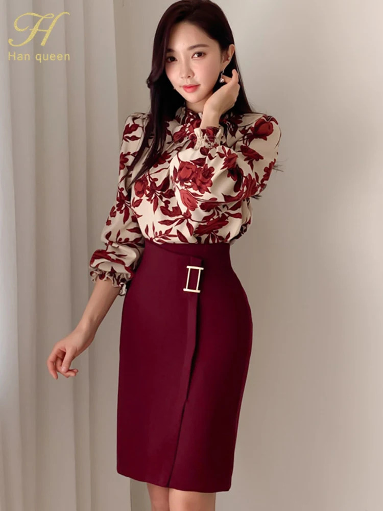 H Han Queen Women Spring Sexy Print Fashion Casual OL Work Wear 2 Pieces Set Sheath Pencil Bodycon Suit skirt