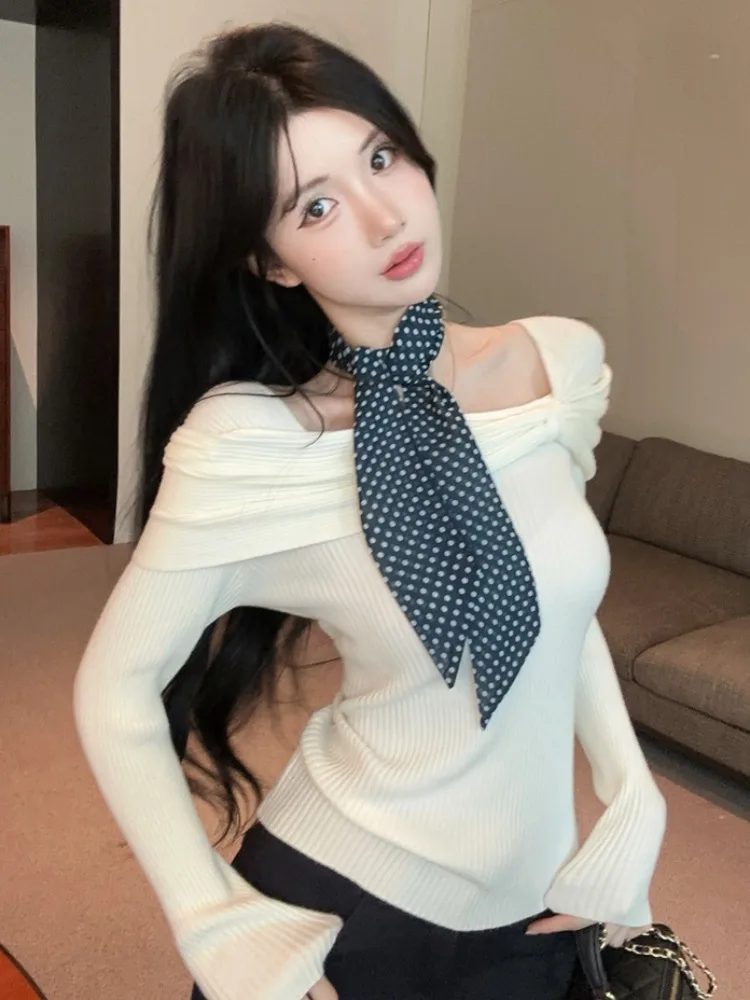 

Fashionable Knitted Sweater Women's Autumn Winter New Style Pure Desire Square Collar Base Shirt Silk Scarf Inner Wear Top