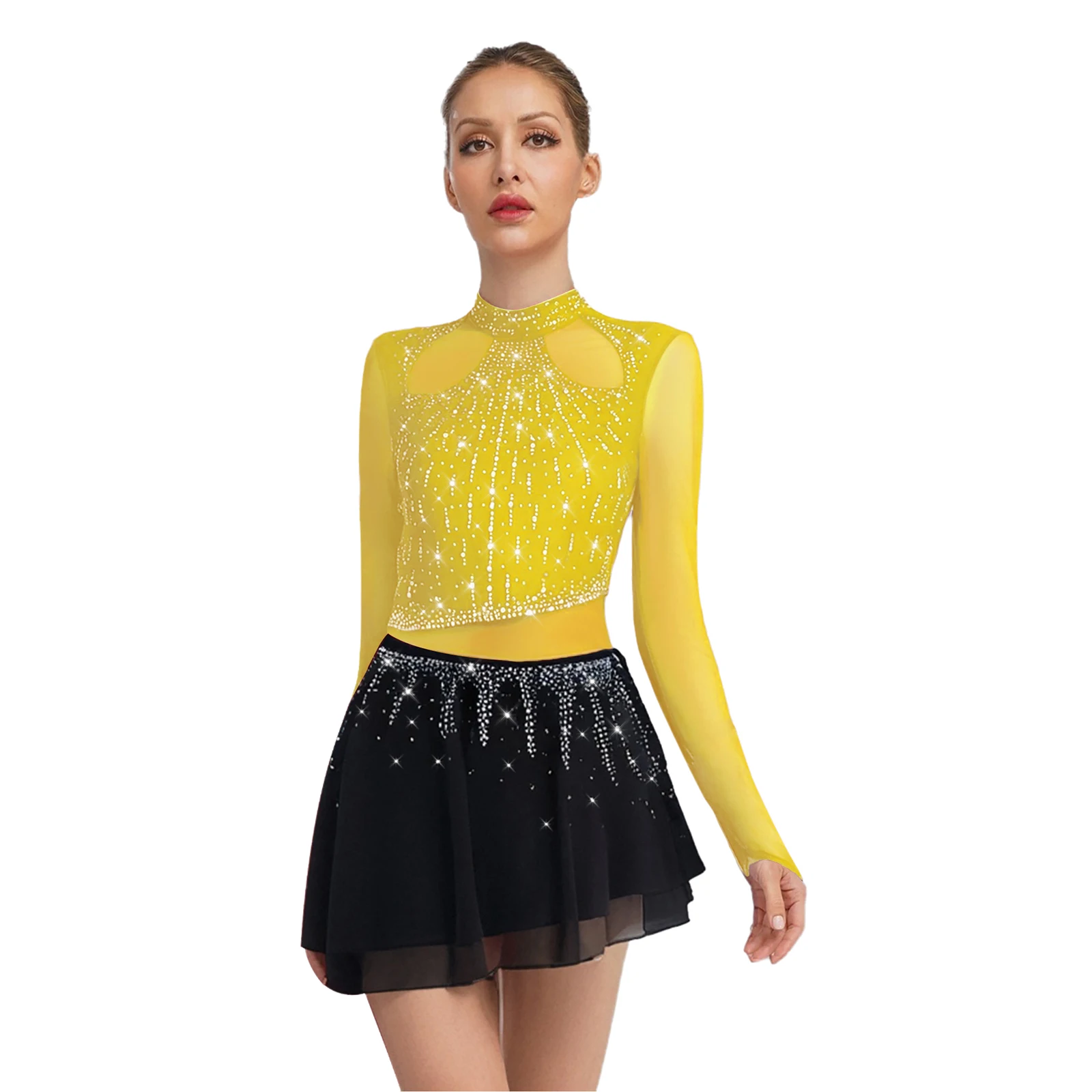 

Women Ballet Tutu Dress Lyrical Dance Dress Long Sleeve Chiffon Skirt Leotard Dress Ice Skating Gymnastics Performance Costume
