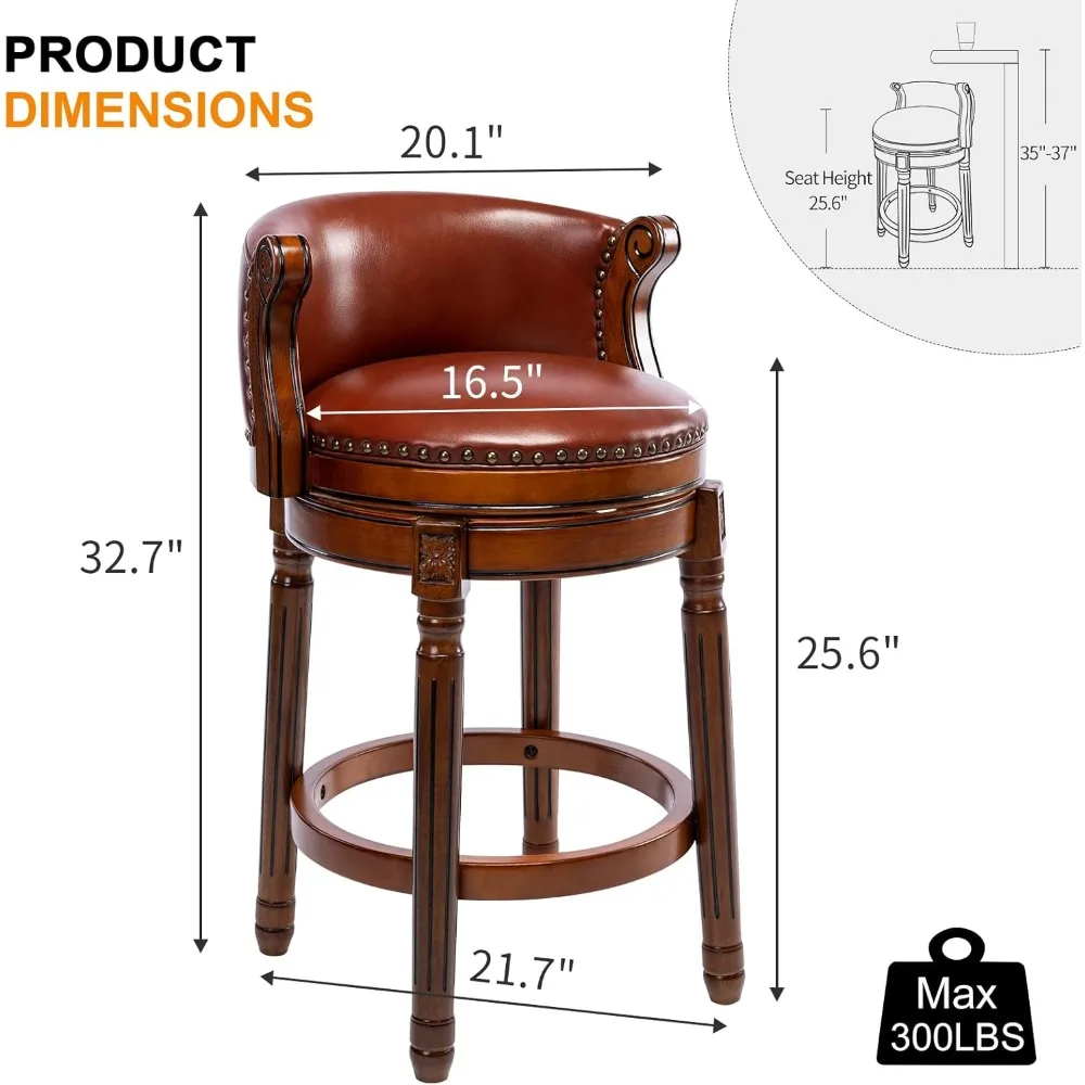등받이와 발판이 있는 가죽 쿠션 회전 바 스툴, 카운터 높이, 가정 및 주방용 고무나무로 제작