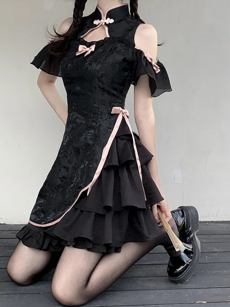 Harajuku Cheongsam Dress Women Off Shoulder Sweet Bow Bandage Gothic Cute Dresses Y2k Sexy Aesthetic Mesh Ruffle Vestido Summer