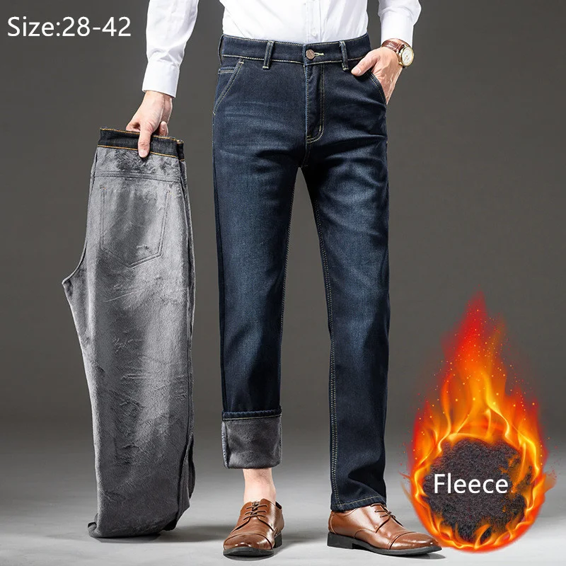 

Plus Size Fleece Jeans Men Thicken Straight Male Large Blue Warm Autumn Winter Business Office High Waist Trousers Denim Pants