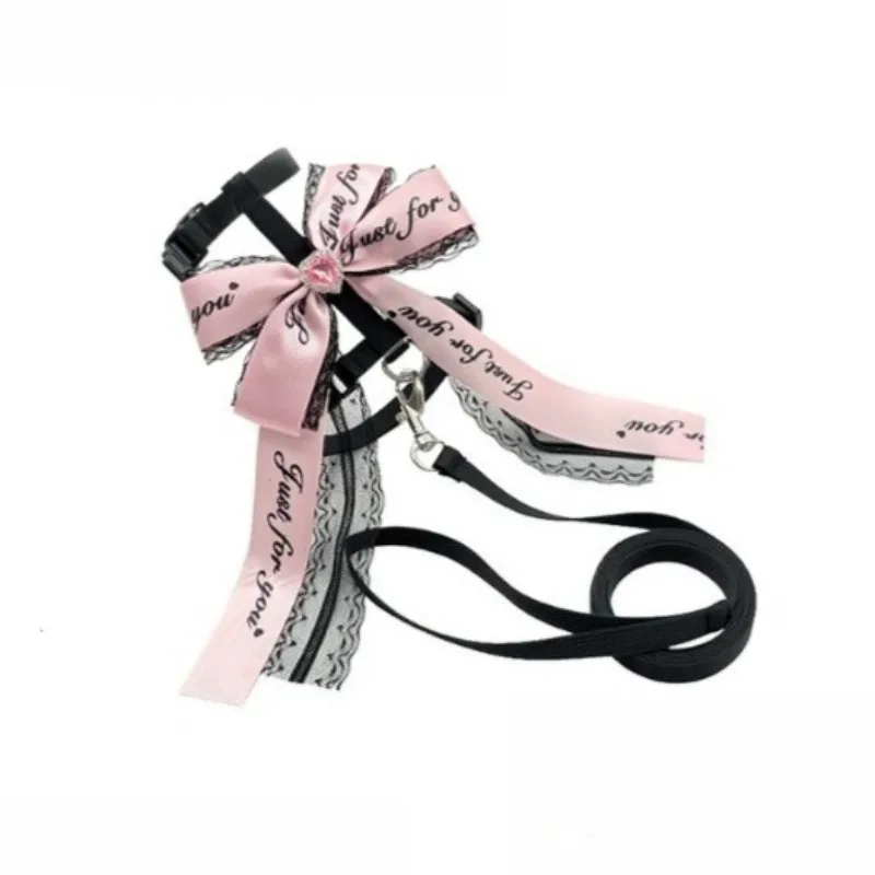 Royi Store Lace Peach Heart Leash Anti-break Free Go Out Walk Cat Rope Chest Strap Kitten Bowknot