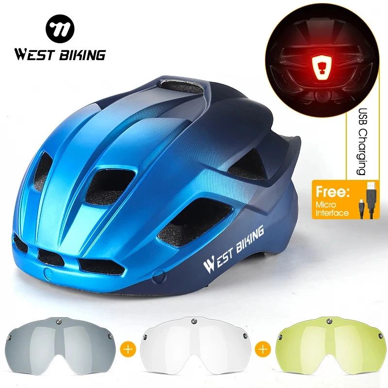 WEST BIKING Bicycle Helmet Men Women With Taillight Goggles Sun Visor Lens Safety Helmet MTB Road Bike Motorcycle Cycling Helmet