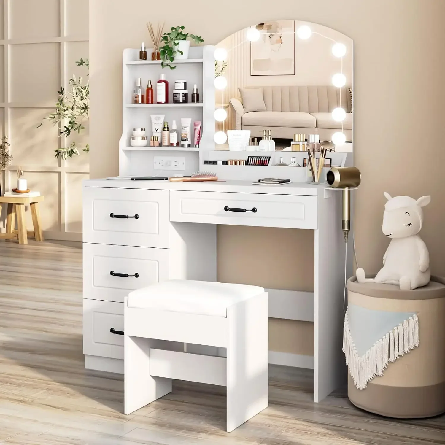 White Vanity Set Makeup Table with 4 Drawers Lots Storage, 3 Lighting Colors, Large Size 39.4in(W)