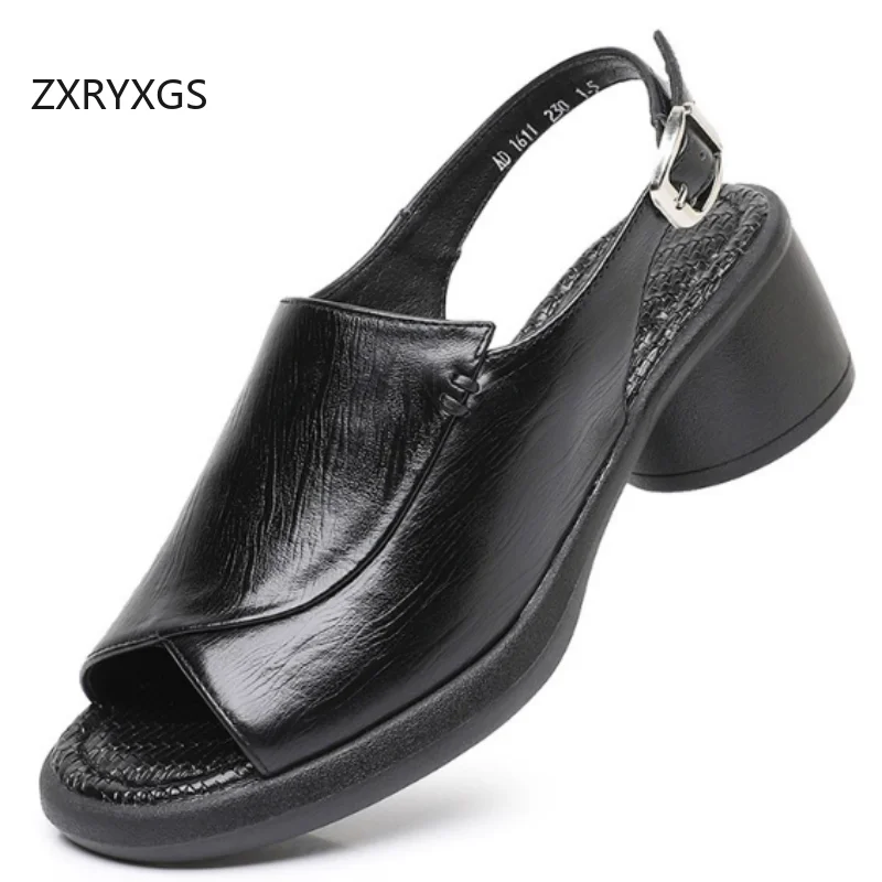 ZXRYXGS 2026 New Summer Fish Mouth Top Layer Cowhide Leather Sandals Fashion Elegant Comfortable Women High Heel Sandals Tide