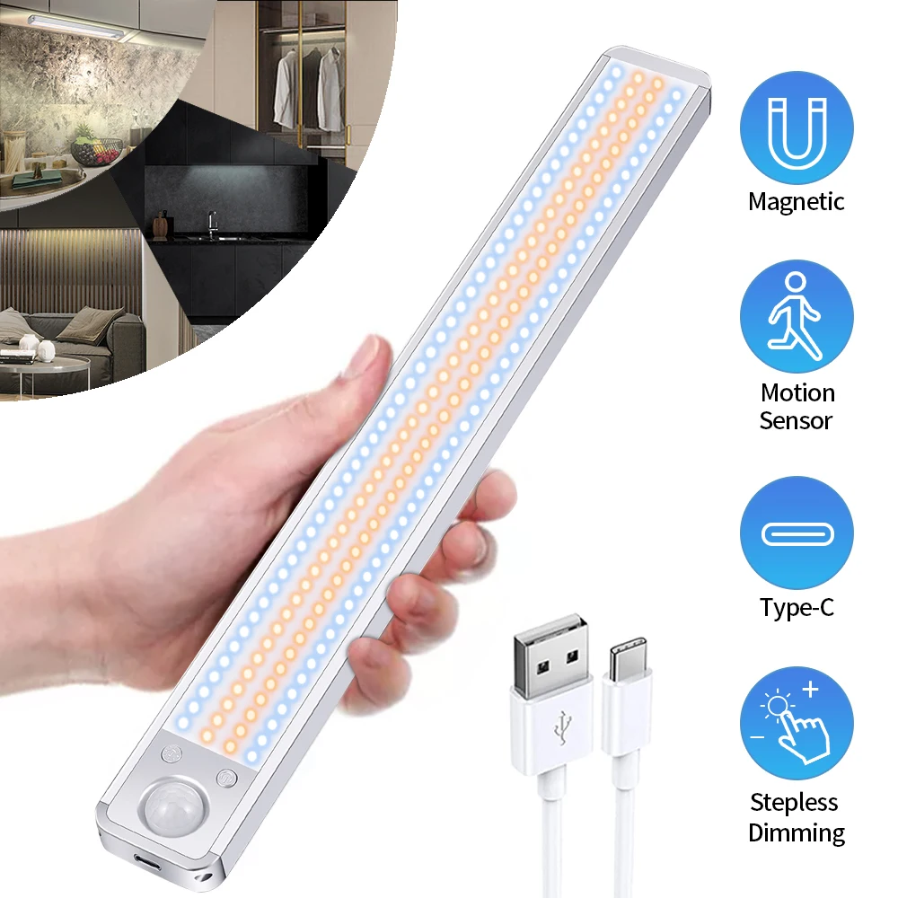 Led Cabinet Light Type-C Usb Recharge Motion Sensor Light Kitchen Closet Wireless Smart Lamp Under Furniture Dimmable Lighting